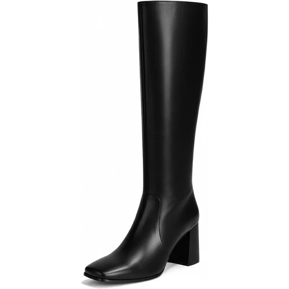 Women's Black 3.35-inch Square Toe Knee High Boots Chunky Block Heel Tall